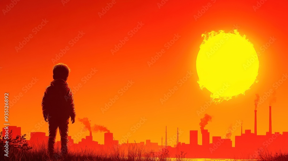Fototapeta premium Child by Polluted River Under Blazing Sun - Climate Change Impact Concept with Copy Space for Text