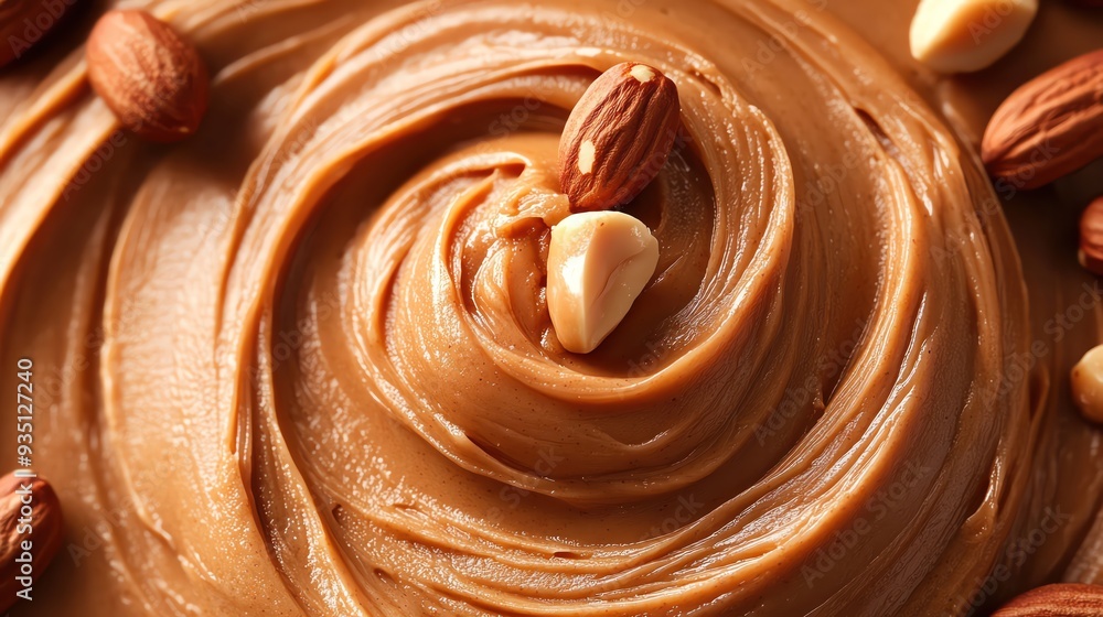 A rich, creamy swirl of peanut butter, with whole peanuts embedded in the smooth texture, shot in warm, inviting lighting A rich, creamy swirl of peanut butter, with whole peanuts embedded in the smooth texture, shot in warm, inviting lighting