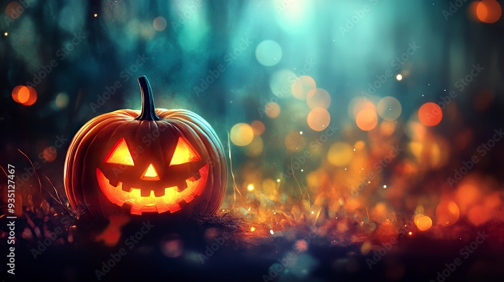 Fototapeta premium Eerie illustration of halloween day with bokeh and blur background. Premium illustration for banners, posters, greetings and Halloween celebrations. generative ai