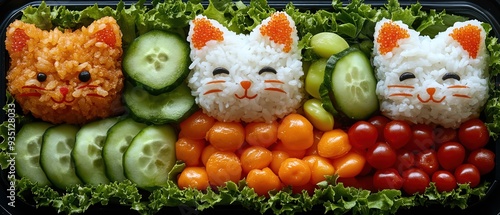 Bento box with catshaped rice balls, fresh veggies, overhead shot, detailed and colorful photo