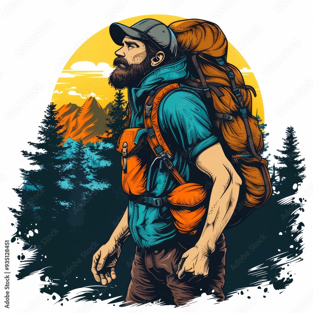 Bearded Man with Backpack Gazing at Mountains Bearded Man with Backpack Gazing at Mountains