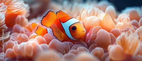 Clownfish family nestled in sea anemones, highlighting their bright orange colors and unique habitat photo