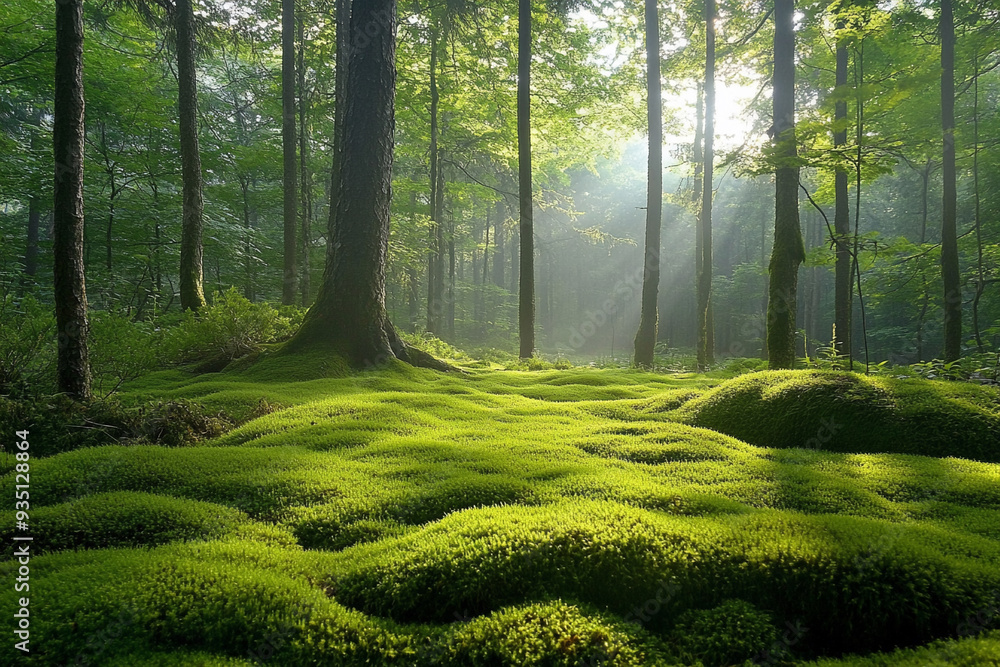 Obraz premium A quiet forest clearing where the sunlight filters
