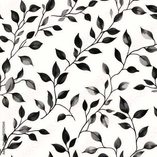 Seamless pattern with leaves and branches in black color on a cream background
