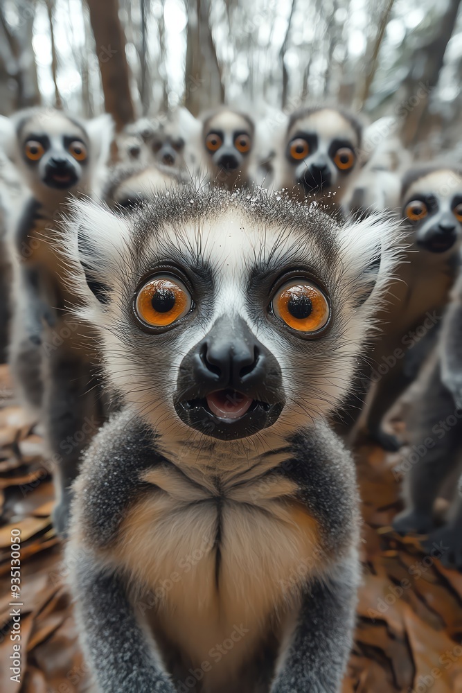 Group of excited lemurs in a forest, wideeyed and playful, closeup shot Group of excited lemurs in a forest, wideeyed and playful, closeup shot