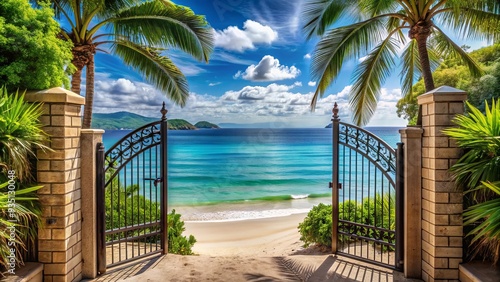 Gate entrance overlooking stunning sea view with tropical beach living in island style
