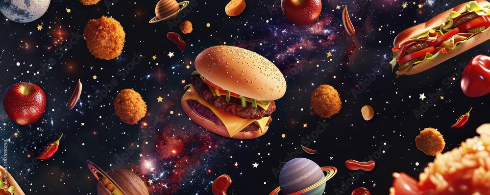 Artistic illustration of a burger floating in space Artistic illustration of a burger floating in space