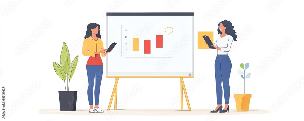 Two diverse speaker women presenting marketing report on whiteboard to coworkers Two diverse speaker women presenting marketing report on whiteboard to coworkers