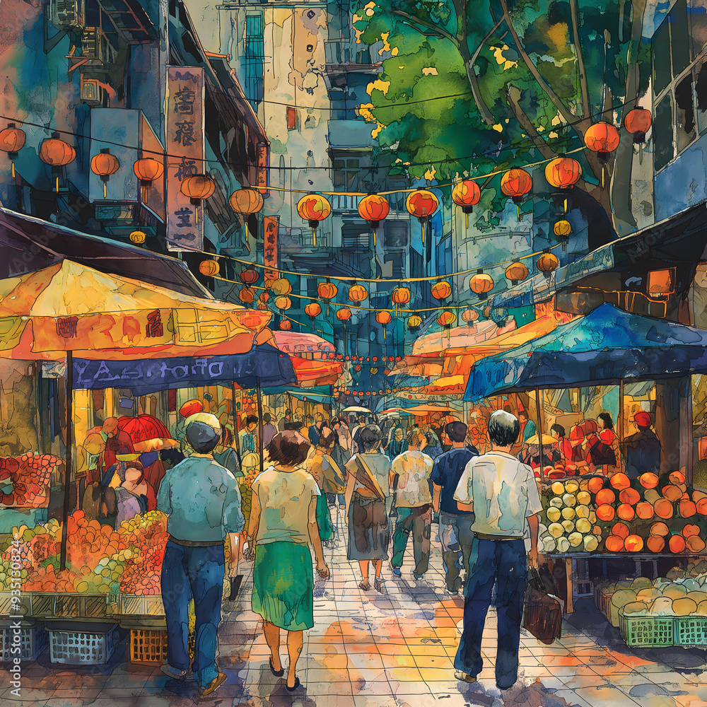 Naklejka premium 游客在城镇的购物中心挑选商品