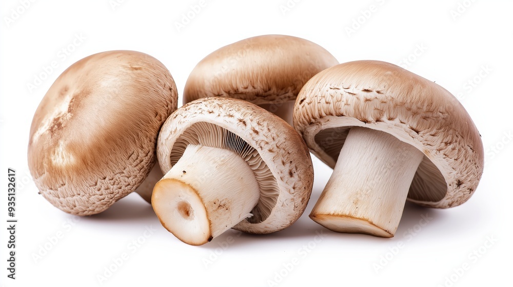 Four fresh, whole brown mushrooms isolated on a white background. Four fresh, whole brown mushrooms isolated on a white background.