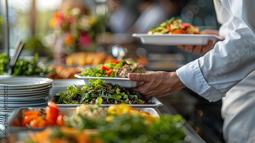 A catering service provider organizing an event along with a setting laden of delectable dishes professionally decorated for guests over blurry backdrop, Generative AI. photo