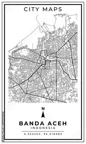 Black and white printable map of Banda Aceh city Indonesia banner poster design, vector illustration