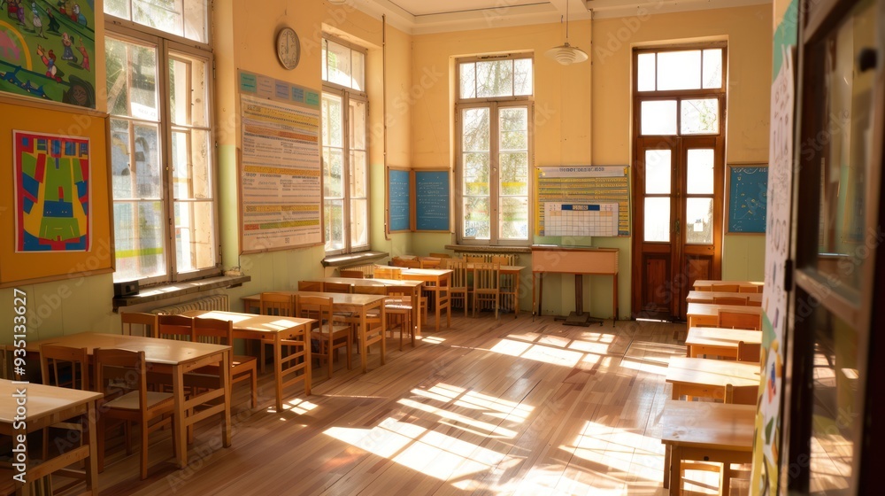 Empty Classroom with Wooden Desks and Chairs Empty Classroom with Wooden Desks and Chairs