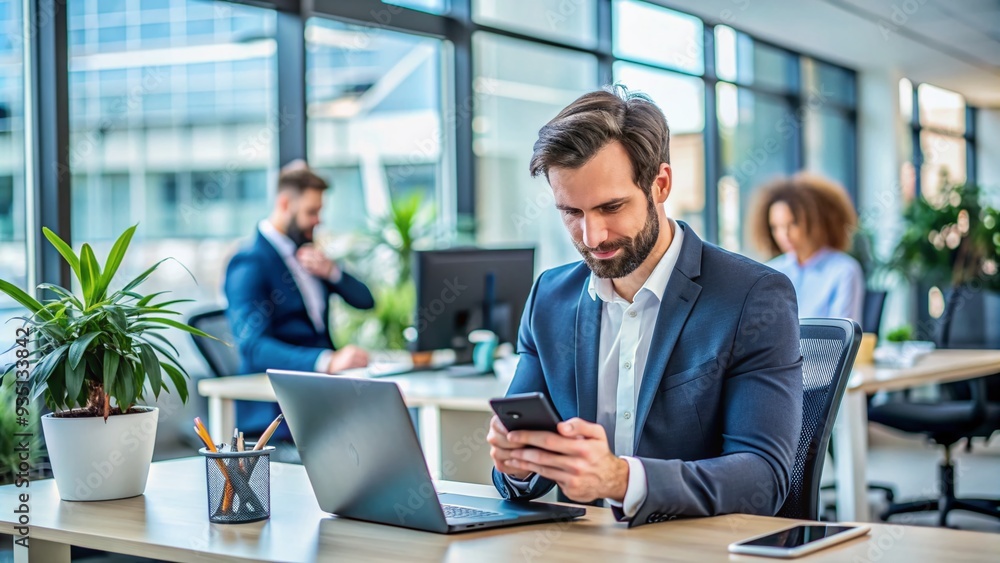A busy professional checks email and messages on a smartphone, showcasing multitasking and digital literacy skills in a modern office environment. A busy professional checks email and messages on a smartphone, showcasing multitasking and digital literacy skills in a modern office environment.