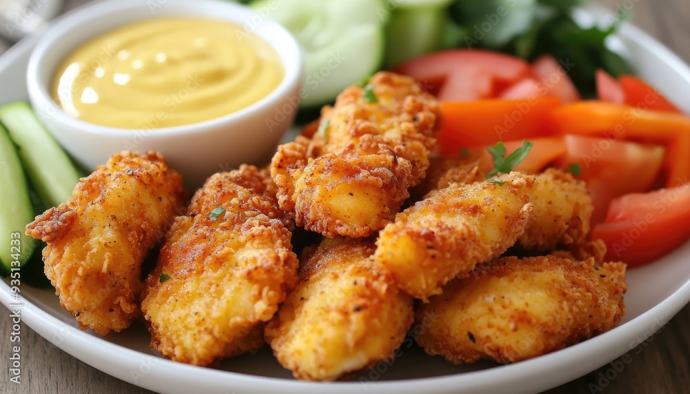 Close-up of crispy fried chicken nuggets with a side of tomato and cucumber. Close-up of crispy fried chicken nuggets with a side of tomato and cucumber.