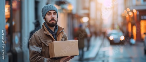 A shipping employee stands on top of an illegible environment with text area gripping a parcel box with a blank label implying delivery services, Generative AI.