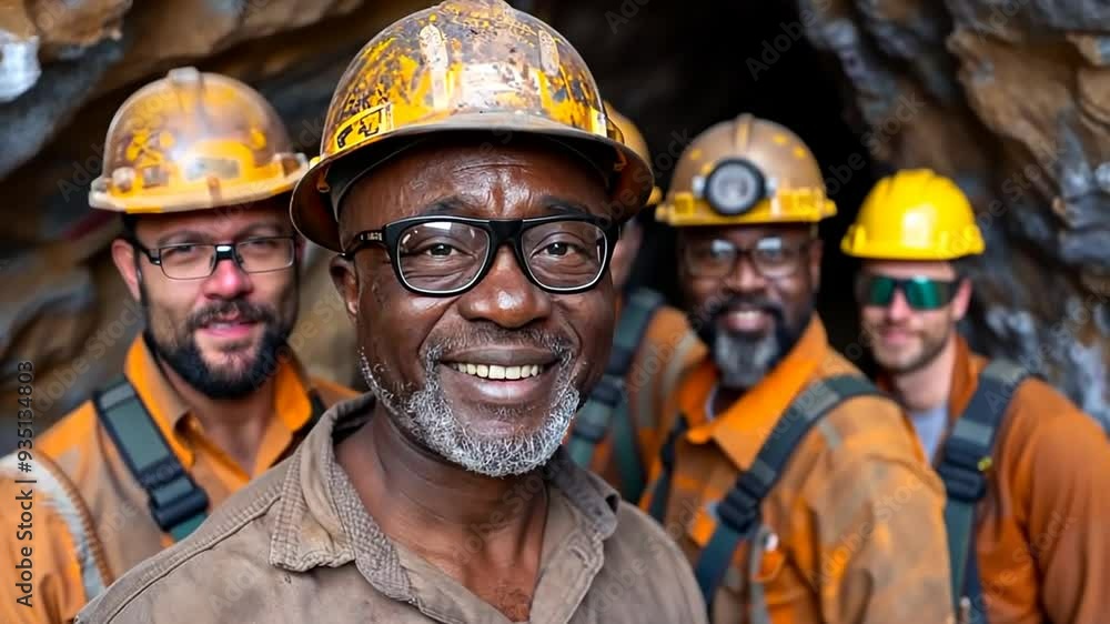 Mining team poses for a group photo inside a tunnel in a mining site, showcasing their teamwork Mining team poses for a group photo inside a tunnel in a mining site, showcasing their teamwork