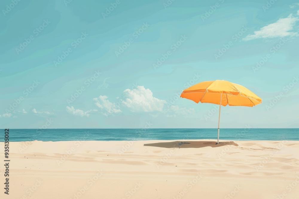 Minimalistic summer background with copy space. Blue sea and beautiful sky with sandy white beach and umbrella in the distance. Blank banner for ads and sales Minimalistic summer background with copy space. Blue sea and beautiful sky with sandy white beach and umbrella in the distance. Blank banner for ads and sales