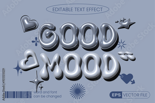 Good mood glossy chrome inflated text effect. Y2k retro editable text style