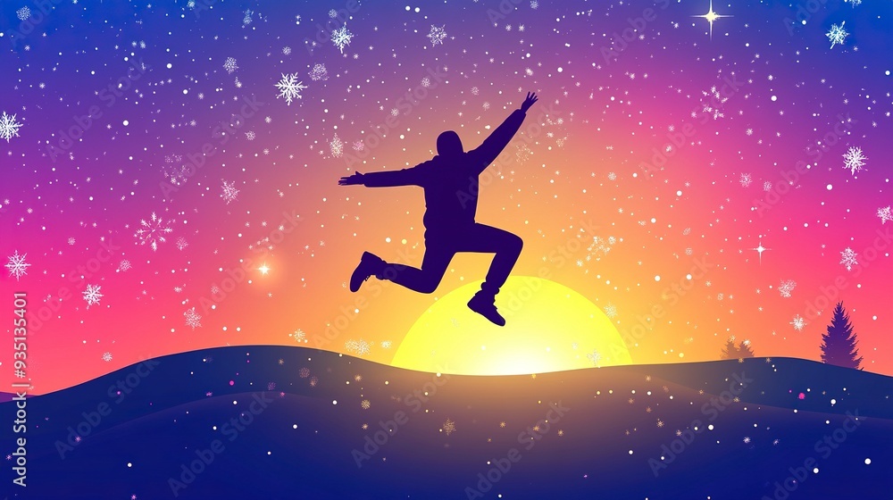 Welcome Merry Christmas in 2025. A young man jump between 2024 and 2025 years over the sun and through on the gap of hill silhouette evening colorful sky. Happy new year. generative ai Welcome Merry Christmas in 2025. A young man jump between 2024 and 2025 years over the sun and through on the gap of hill silhouette evening colorful sky. Happy new year. generative ai