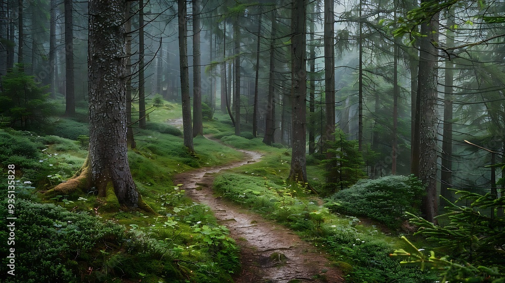Extended winding forest path in the alpine range Extended winding forest path in the alpine range