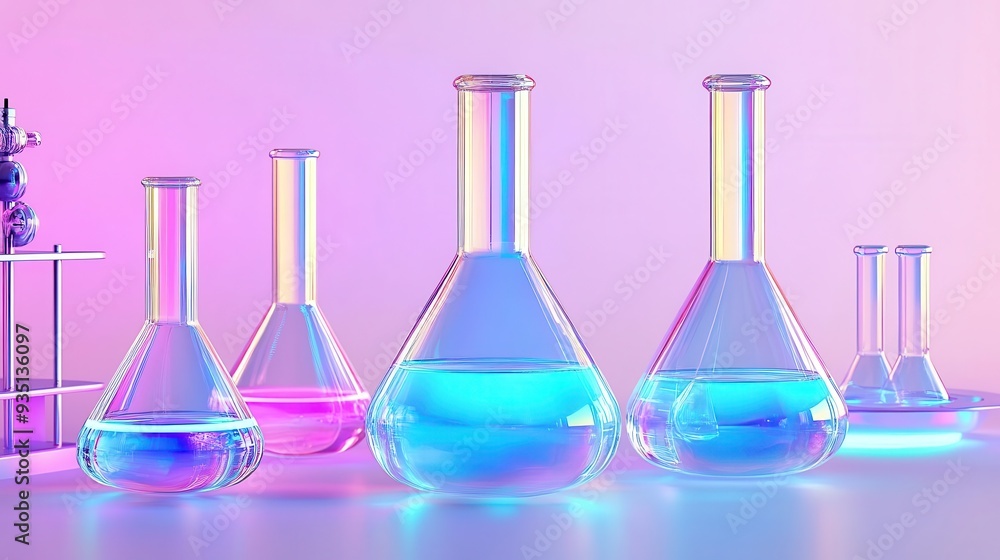 Futuristic chemistry lab with floating holographic beakers and flasks, each filled with glowing liquid, vibrant neon colors, Sci-Fi, Digital Art Futuristic chemistry lab with floating holographic beakers and flasks, each filled with glowing liquid, vibrant neon colors, Sci-Fi, Digital Art