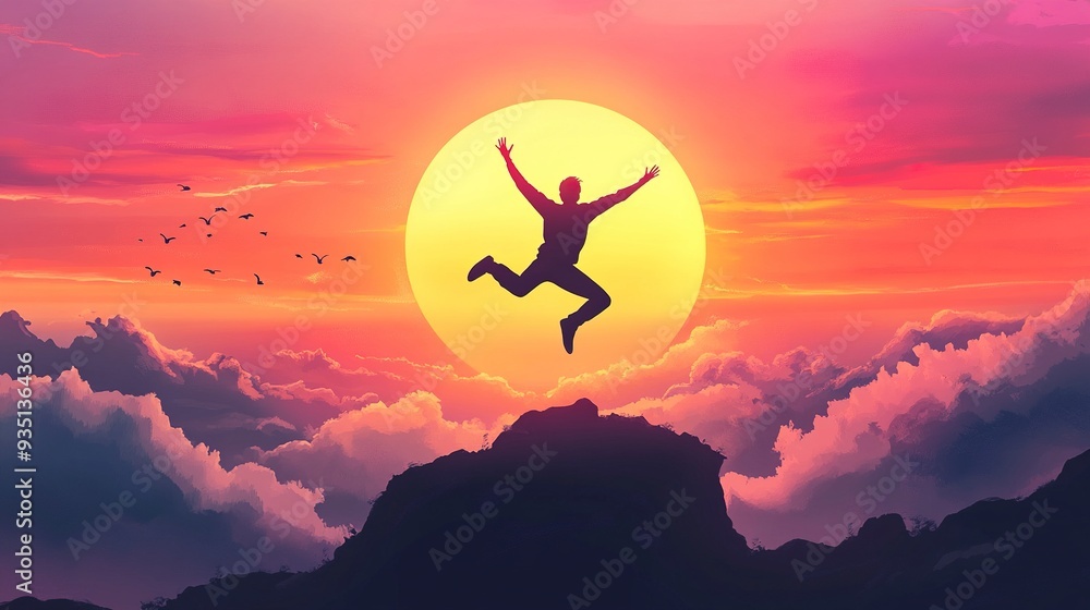 Welcome Merry Christmas in 2025. A young man jump between 2024 and 2025 years over the sun and through on the gap of hill silhouette evening colorful sky. Happy new year. generative ai Welcome Merry Christmas in 2025. A young man jump between 2024 and 2025 years over the sun and through on the gap of hill silhouette evening colorful sky. Happy new year. generative ai