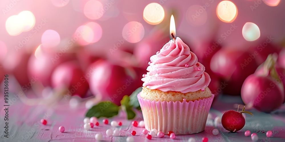Delicious pink glazed cupcake topped with an exclusive candle placed over a radish-colored setting containing ample space for advert, Generative AI. Delicious pink glazed cupcake topped with an exclusive candle placed over a radish-colored setting containing ample space for advert, Generative AI.