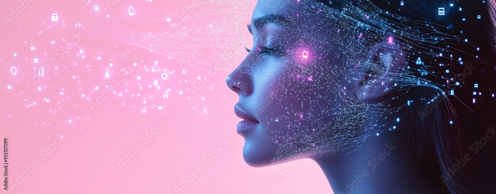 Close-up of a woman’s face illuminated by a hologram from the tablet, with digital locks and data streams hovering in the air, against a soft, pastel pink background Close-up of a woman’s face illuminated by a hologram from the tablet, with digital locks and data streams hovering in the air, against a soft, pastel pink background
