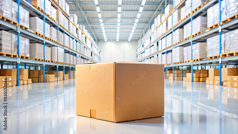 A cardboard box is positioned at the center of a large, well-organized warehouse. The shelves above are stocked with numerous boxes on pallets, showcasing efficient storage A cardboard box is positioned at the center of a large, well-organized warehouse. The shelves above are stocked with numerous boxes on pallets, showcasing efficient storage