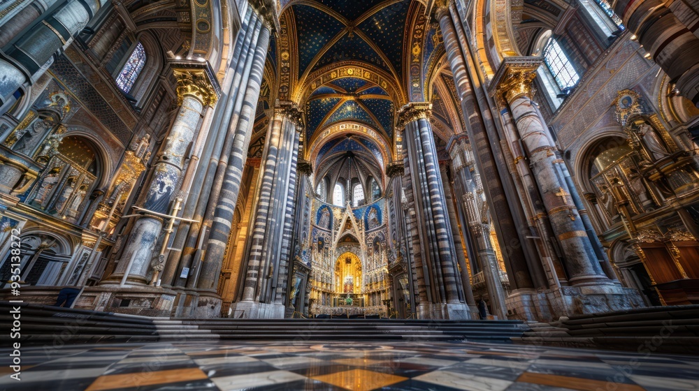 Fototapeta premium Interior View of an Ornate Cathedral with Marble Columns and a Starry Ceiling