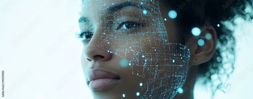 custom made wallpaper toronto digitalA close-up shot of a woman’s face being scanned by a holographic grid from a tablet, with intricate data security visuals floating around, set against a light turquoise background