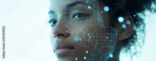 Wallpaper Mural A close-up shot of a woman’s face being scanned by a holographic grid from a tablet, with intricate data security visuals floating around, set against a light turquoise background Torontodigital.ca