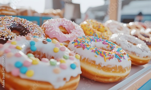 creatively decorated donuts displayed on a colorful counter inside a vibrant food truck, Generative AI