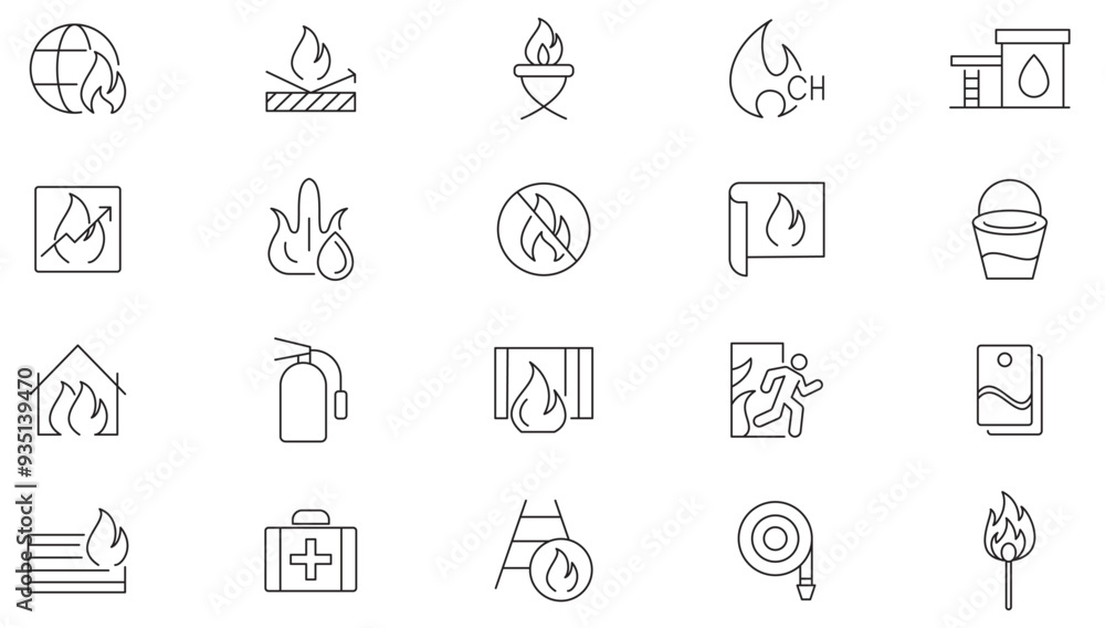 Fire line icon collection. Flame, energy, burn, nature, bonfire, danger, fireball, and flash icon set. UI outline icons pack Fire line icon collection. Flame, energy, burn, nature, bonfire, danger, fireball, and flash icon set. UI outline icons pack