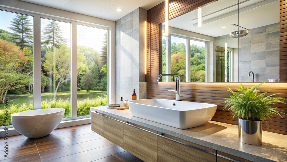 A spacious and bright bathroom showcases a sleek white bathtub and a stylish vanity with ample storage, surrounded by large windows overlooking lush greenery A spacious and bright bathroom showcases a sleek white bathtub and a stylish vanity with ample storage, surrounded by large windows overlooking lush greenery