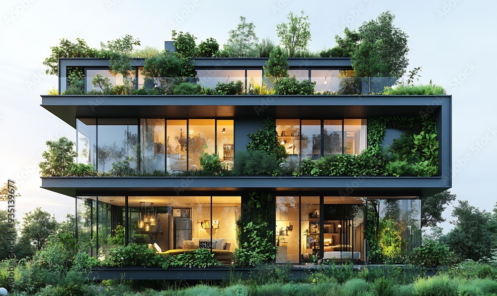 Illustration of an ecofriendly architectural design featuring buildings with green facades rainwater harvesting systems and natural ventilation promoting Sustainable Development Illustration of an ecofriendly architectural design featuring buildings with green facades rainwater harvesting systems and natural ventilation promoting Sustainable Development