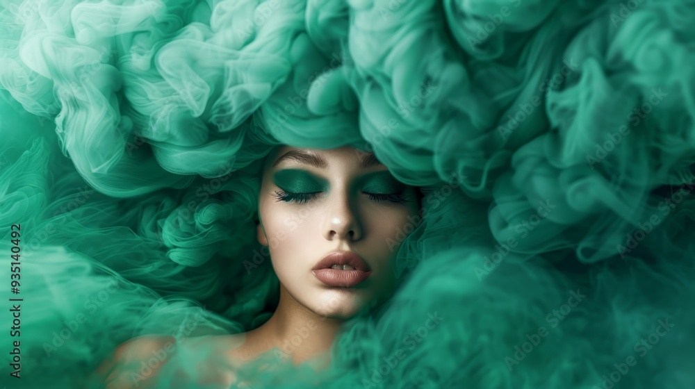 A woman with closed eyes and wind-tossed hair, accompanied by a verdant smoke cloud behind A woman with closed eyes and wind-tossed hair, accompanied by a verdant smoke cloud behind