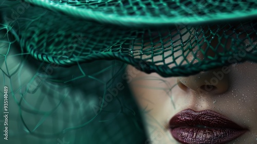  A tight shot of a woman's face She dons a green netted hat, and her lips are painted boldly red photo