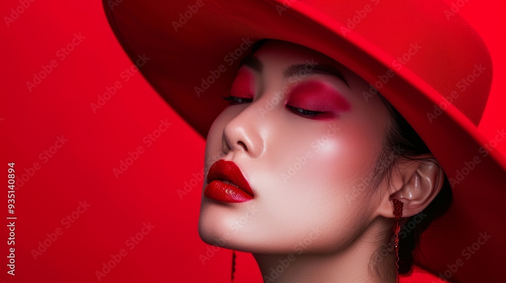 A woman in a red hat closes her eyes, wearing red lipstick A woman in a red hat closes her eyes, wearing red lipstick