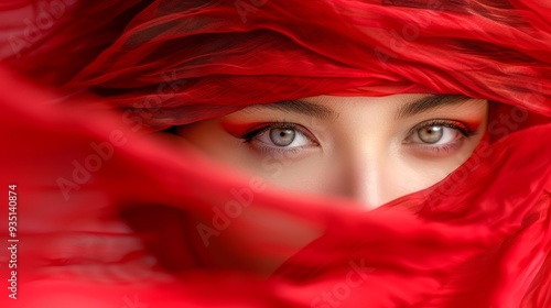  A woman's face, up-close Eyes widened Red shawl covering her head