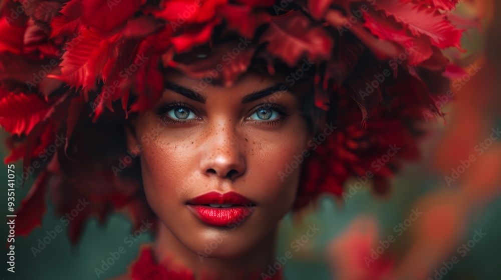 Blue eyes, red headdress with feathers, red flower in hair Blue eyes, red headdress with feathers, red flower in hair