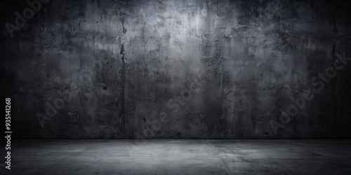 Scary dark wall with low light, featuring a black concrete cement texture ideal for backgrounds