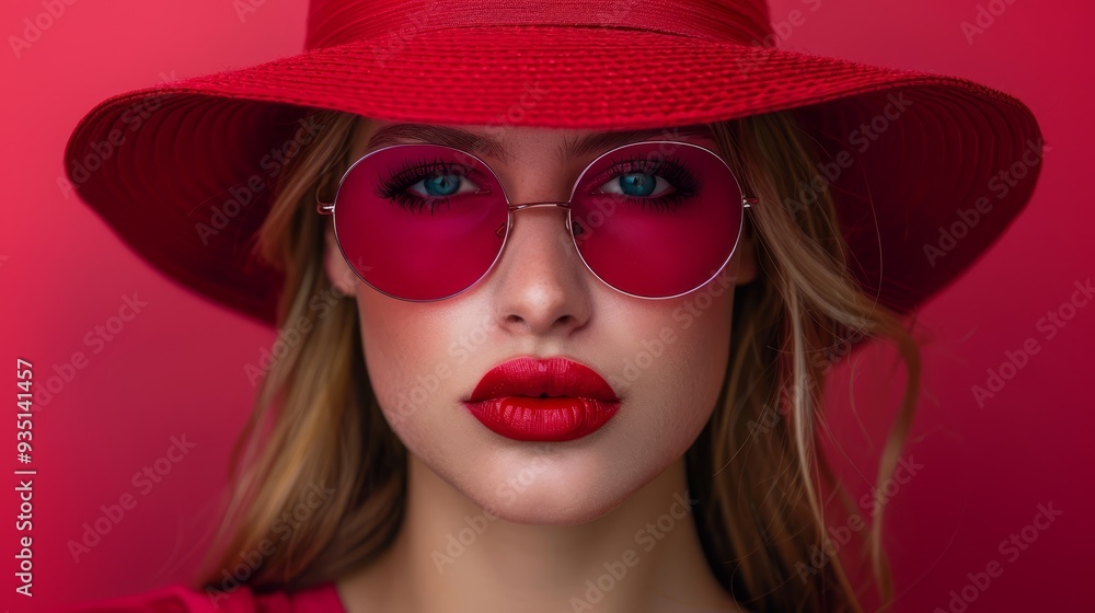 A woman dons a red hat and red glasses, her lips painted red A woman dons a red hat and red glasses, her lips painted red