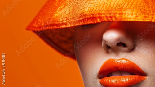  A tight shot of a woman wearing a hat, her bold orange lips prominent in the frame photo