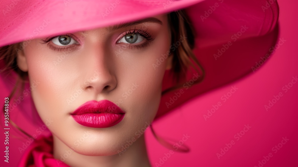 A woman in close-up, sporting a pink hat and bold red lipstick A woman in close-up, sporting a pink hat and bold red lipstick