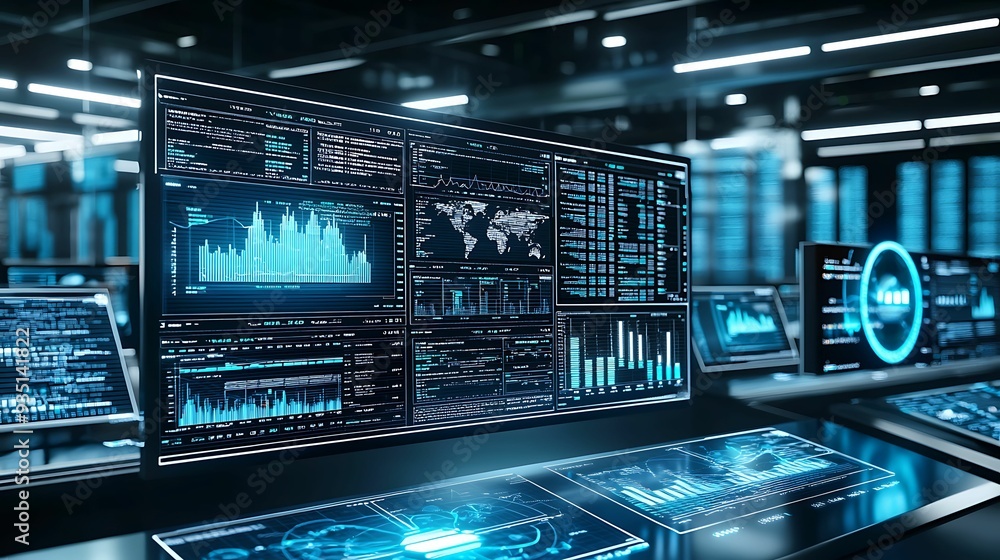 Investment strategies displayed on futuristic screens, options and derivatives focus, copy space for text, Investment strategies displayed on futuristic screens, options and derivatives focus, copy space for text,