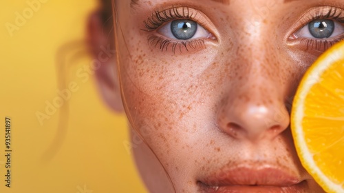  A woman holds one half of an orange to each side of her face, sporting freckled skin photo