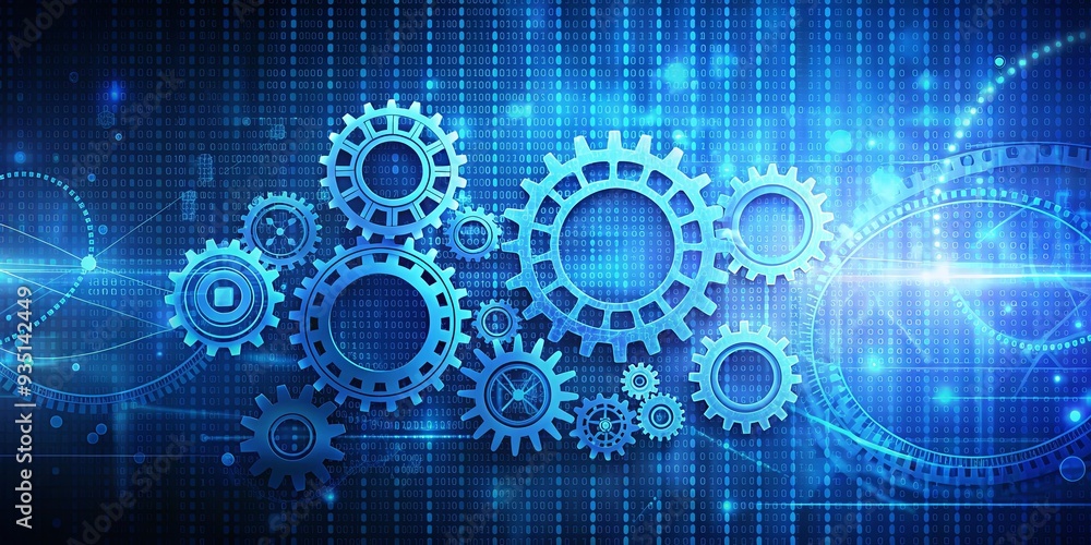 Blue background with gears and binary code representing technology of machine learning in digital marketing Blue background with gears and binary code representing technology of machine learning in digital marketing