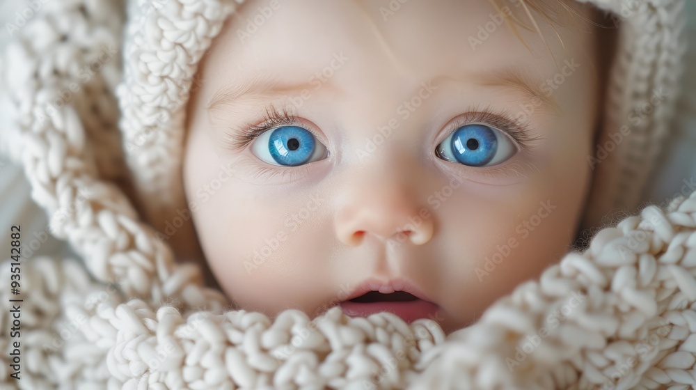 A tight shot of a newborn's blue eyes, framed by a white knitted scarf at its neck A tight shot of a newborn's blue eyes, framed by a white knitted scarf at its neck